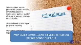 •Define cuáles son tus
prioridades (de esta manera
eliminamos acciones
innecesarias que nos pueden
alejar de lo que nos estamos
proponiendo) .
•Qué es lo que quiero lograr.
(asignarle un valor)
•Que cosas son las mas
importantes para tu vida.
PARA SABER CÓMO LLEGAR, PRIMERO TENGO QUE
DEFINIR DÓNDE QUIERO IR.
 