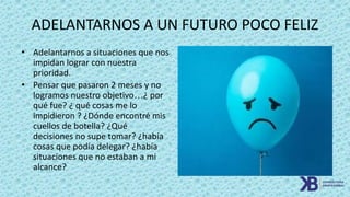 ADELANTARNOS A UN FUTURO POCO FELIZ
• Adelantarnos a situaciones que nos
impidan lograr con nuestra
prioridad.
• Pensar que pasaron 2 meses y no
logramos nuestro objetivo…¿ por
qué fue? ¿ qué cosas me lo
impidieron ? ¿Dónde encontré mis
cuellos de botella? ¿Qué
decisiones no supe tomar? ¿había
cosas que podía delegar? ¿había
situaciones que no estaban a mi
alcance?
 