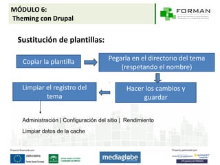 MÓDULO 6:
Theming con Drupal

 Sustitución de plantillas:

   Copiar la plantilla                Pegarla en el directorio del tema
                                          (respetando el nombre)

   Limpiar el registro del                   Hacer los cambios y
           tema                                   guardar


   Administración | Configuración del sitio | Rendimiento

   Limpiar datos de la cache
 