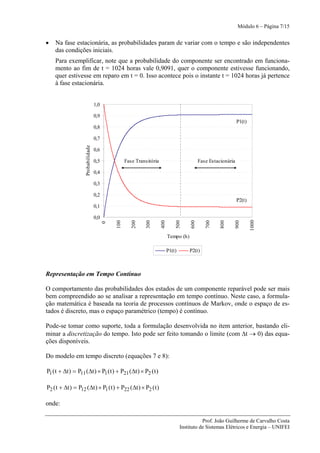 Módulo 6 – Página 7/15


•   Na fase estacionária, as probabilidades param de variar com o tempo e são independentes
    das condições iniciais.
    Para exemplificar, note que a probabilidade do componente ser encontrado em funciona-
    mento ao fim de t = 1024 horas vale 0,9091, quer o componente estivesse funcionando,
    quer estivesse em reparo em t = 0. Isso acontece pois o instante t = 1024 horas já pertence
    à fase estacionária.


                                    1,0

                                    0,9
                                                                                                                    P1(t)
                                    0,8

                                    0,7
                    Probabilidade




                                    0,6

                                    0,5             Fase Transitória                            Fase Estacionária

                                    0,4

                                    0,3

                                    0,2
                                                                                                                    P2(t)
                                    0,1

                                    0,0




                                                                                                                            1000
                                              100

                                                       200

                                                              300

                                                                       400

                                                                                 500

                                                                                          600

                                                                                                   700

                                                                                                          800

                                                                                                                    900
                                          0




                                                                             Tempo (h)

                                                                             P1(t)       P2(t)



Representação em Tempo Contínuo

O comportamento das probabilidades dos estados de um componente reparável pode ser mais
bem compreendido ao se analisar a representação em tempo contínuo. Neste caso, a formula-
ção matemática é baseada na teoria de processos contínuos de Markov, onde o espaço de es-
tados é discreto, mas o espaço paramétrico (tempo) é contínuo.

Pode-se tomar como suporte, toda a formulação desenvolvida no item anterior, bastando eli-
minar a discretização do tempo. Isto pode ser feito tomando o limite (com Δt → 0) das equa-
ções disponíveis.

Do modelo em tempo discreto (equações 7 e 8):

P1 ( t + Δt ) = P11 (Δt ) × P1 ( t ) + P21 (Δt ) × P2 ( t )

P2 ( t + Δt ) = P12 (Δt ) × P1 ( t ) + P22 (Δt ) × P2 ( t )

onde:

                                                                                                Prof. João Guilherme de Carvalho Costa
                                                                                     Instituto de Sistemas Elétricos e Energia – UNIFEI
 