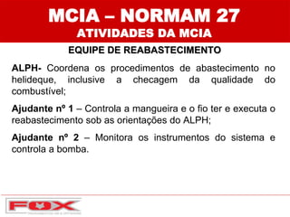 MCIA – NORMAM 27
ATIVIDADES DA MCIA
EQUIPE DE REABASTECIMENTO
ALPH- Coordena os procedimentos de abastecimento no
helideque, inclusive a checagem da qualidade do
combustível;
Ajudante nº 1 – Controla a mangueira e o fio ter e executa o
reabastecimento sob as orientações do ALPH;
Ajudante nº 2 – Monitora os instrumentos do sistema e
controla a bomba.
 