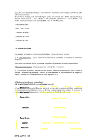locais, tais como pontos de interesse a visitar, horários, alojamento, restauração ou actividades, entre
outras de carácter útil.
O Turismo de Portugal, ip é responsável pela gestão em parceria dos 5 Postos situados nas duas
maiores cidades do país - Lisboa e Porto - e nos aeroportos internacionais - Lisboa, Porto e Faro.
Nestes, foram atendidos durante o ano de 2006 perto de 500.000 turistas.
- Lisboa / Palácio Foz
- Porto / Praça D. João I
- Aeroporto do Porto
- Aeroporto de Lisboa
- Aeroporto de Faro
2.2. Sinalização turística
A sinalização turística é um factor imprescindível para o desenvolvimento turístico.
a) Os sinais direccionais - placas para indicar direcções de localidades ou atractivos e respectivas
distâncias;
b) Os sinais informativos - placas para indicar a existência de atractivos ou itinerários temáticos;
c) Os sinais interpretativos - placas para explicar e interpretar os atractivos.
d) Os quiosques multimédia enquadrados em sistema informático desenvolvido pelo Turismo de
Portugal - terminais que permitem a consulta de bases de dados de natureza turística e, em geral, o
acesso a informação turística de âmbito nacional, regional e local;
3. Técnicas de Atendimento personalizado
3.1. Hospitalidade /Assistência como atitude permanente
A hospitalidade é um conceito tão antigo quanto às formas mais remotas de actividade social, desde
as mais arcaicas, tanto no Ocidente como no Oriente; considerada como um atributo de pessoas e de
espaços. A origem desta palavra vem do latim e que tem significado de acolhimento.
FONTE: MURPHY, 1985
OFERTADEMANDA
Motivações
Percepções
Expectativa
Mercado
Experiência
Capital
Recursos
Experiências passadas – Preferências - Rumores
Física
I magem Turística
Cultural Social Fantasia
I ntermediários
Produto Turístico
Facilidades - Acessibilidade – I nfra-estrutura
Atrações Hospitalidade
 