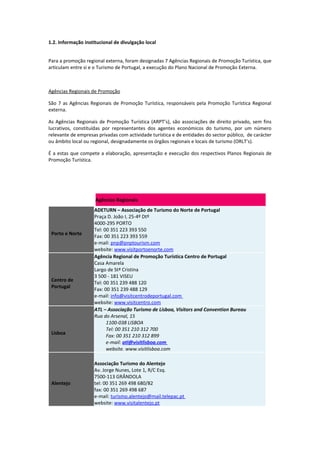 1.2. Informação institucional de divulgação local
Para a promoção regional externa, foram designadas 7 Agências Regionais de Promoção Turística, que
articulam entre si e o Turismo de Portugal, a execução do Plano Nacional de Promoção Externa.
Agências Regionais de Promoção
São 7 as Agências Regionais de Promoção Turística, responsáveis pela Promoção Turística Regional
externa.
As Agências Regionais de Promoção Turística (ARPT’s), são associações de direito privado, sem fins
lucrativos, constituídas por representantes dos agentes económicos do turismo, por um número
relevante de empresas privadas com actividade turística e de entidades do sector público, de carácter
ou âmbito local ou regional, designadamente os órgãos regionais e locais de turismo (ORLT’s).
É a estas que compete a elaboração, apresentação e execução dos respectivos Planos Regionais de
Promoção Turística.
Agências Regionais
Porto e Norte
ADETURN – Associação de Turismo do Norte de Portugal
Praça D. João I, 25-4º Dtº
4000-295 PORTO
Tel: 00 351 223 393 550
Fax: 00 351 223 393 559
e-mail: pnp@pnptourism.com
website: www.visitportoenorte.com
Centro de
Portugal
Agência Regional de Promoção Turística Centro de Portugal
Casa Amarela
Largo de Stª Cristina
3 500 - 181 VISEU
Tel: 00 351 239 488 120
Fax: 00 351 239 488 129
e-mail: info@visitcentrodeportugal.com
website: www.visitcentro.com
Lisboa
ATL – Associação Turismo de Lisboa, Visitors and Convention Bureau
Rua do Arsenal, 15
1100-038 LISBOA
Tel: 00 351 210 312 700
Fax: 00 351 210 312 899
e-mail: atl@visitlisboa.com
website. www.visitlisboa.com
Alentejo
Associação Turismo do Alentejo
Av. Jorge Nunes, Lote 1, R/C Esq.
7500-113 GRÂNDOLA
tel: 00 351 269 498 680/82
fax: 00 351 269 498 687
e-mail: turismo.alentejo@mail.telepac.pt
website: www.visitalentejo.pt
 