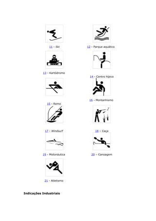 11 - Ski 12 - Parque aquático
13 - Kartódromo
14 - Centro hípico
15 - Remo
16 - Montanhismo
17 - Windsurf 18 – Caça
19 - Motonáutica 20 – Canoagem
21 - Atletismo
Indicações Industriais
 