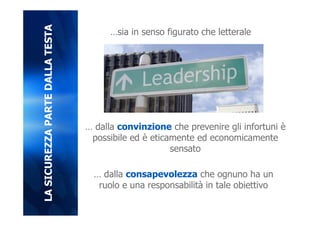 LA SICUREZZA PARTE DALLA TESTA
                                       …sia in senso figurato che letterale




                                 … dalla convinzione che prevenire gli infortuni è
                                  possibile ed è eticamente ed economicamente
                                                      sensato

                                   … dalla consapevolezza che ognuno ha un
                                    ruolo e una responsabilità in tale obiettivo
 
