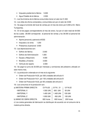 46
• Impuesto predial de la fábrica 5.000
• Agua Potable de la fábrica 2.000
11.- Los Suministros de la fábrica consumidos tienen el valor de 31.000
12.- Los útiles de oficina comprados y consumidos son por el valor de 3.000
13.- Se paga el arriendo del local de ventas por el mes de enero por 6.000 al Sr. Mario
Tumipamba.
14.- El rol de pagos correspondiente al mes de enero, fue por el valor total de 64.000
de los cuales 28.000 corresponde al personal de ventas y los 36.000 al personal de
administración.
• Aporte personal y patronal al IESS
• Impuesto a la renta 1.200
• Préstamos al personal 3.500
15.- Las depreciaciones son:
• Edificio de fábrica 2.000
• Edificio de Administración 1.000
• Equipo y Maquinaria 4.000
• Muebles y Enseres 3.000
• Vehículo de reparto 2.000
16.- Se pagó la suma de 25.000 por intereses y comisiones del préstamo utilizado en
este mismo mes.
17.- La producción ordenada en el mes es la siguiente:
• Orden de Producción N.20, por 300 unidades del artículo A
• Orden de Producción N.21, por 100 unidades del artículo B
• Orden de Producción N.22, por 80 unidades del artículo C
18.- Los consumos en la producción son:
a) MATERIA PRIMA DIRECTA O.P.N.20 0.P.N. 21 0.P.N.22
- MATERIAL X 1.500 UNI. 600 UNI 50 UNI
- MATERIAL Y 1.400 UNI 1.400 UNI 100 UNI
- MATERIAL Z 1.000 UNI 450 UNI 100 UNI
b) MANO DE OBRA DIRECTA 820 horas 600 horas 200 horas
c) Los costos generales de fabricación se distribuyen de acuerdo con el consumo de la
materia prima directa.
 