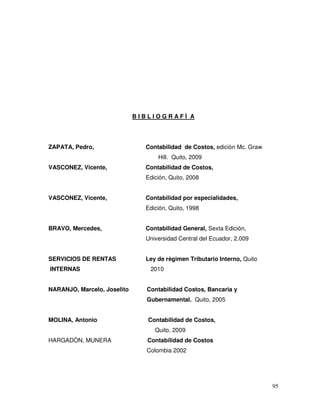 95
B I B L I O G R A F Ì A
ZAPATA, Pedro, Contabilidad de Costos, ediciòn Mc. Graw
Hill. Quito, 2009
VASCONEZ, Vicente, Contabilidad de Costos,
Edición, Quito, 2008
VASCONEZ, Vicente, Contabilidad por especialidades,
Edición, Quito, 1998
BRAVO, Mercedes, Contabilidad General, Sexta Edición,
Universidad Central del Ecuador, 2.009
SERVICIOS DE RENTAS Ley de règimen Tributario Interno, Quito
INTERNAS 2010
NARANJO, Marcelo, Joselito Contabilidad Costos, Bancaria y
Gubernamental. Quito, 2005
MOLINA, Antonio Contabilidad de Costos,
Quito, 2009
HARGADÒN, MUNERA Contabilidad de Costos
Colombia 2002
 