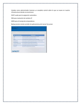 Ustedes como administrador tenemos un completo control sobre lo que se mueve en nuestra
infraestructura donde se encontraron
DHCP usado para la asignación automática
DNS para resolución de nombres IP
ADDS para el manejo de computadoras
Backup acceso remoto servidor de aplicaciones print server Fax server
 