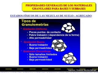 ESTADOS FÍSICOS DE LAS MEZCLAS DE SUELO - AGREGADO
PROPIEDADES GENERALES DE LOS MATERIALES
GRANULARES PARA BASES Y SUBBASES
 