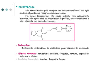 * BUSPIRONA
         Não tem afinidade pelo receptor dos benzodiazepínicos. Sua ação
   se deve à ligação com receptores de seratonina.
         Em doses terapêuticas não causa sedação nem relaxamento
   muscular. Não apresenta as propriedade hipnótica, anticonvulsivante e
   miorrelaxante dos benzodiazepínicos.

                                                 N
                         O            N     N
                                                 N
                         N

                         O


- Indicações:
   - Tratamento sintomático de distúrbios generalizados da ansiedade.

- Efeitos Adversos: nervosismo, cefaléia, fraqueza, tontura, depressão,
   sudorese e náusea.
- Produtos Comerciais: Ansitec, Buspanil e Buspar.
 