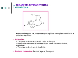 PRINCIPAIS REPRESENTANTES
* ALPRAZOLAM


                     H 3C
                                 N
                                     N
                             N

                                         C H2
             Cl                  N
                    H 5C 6



   Estruturalmente é um triazolbenzodiazepínico com ações ansiolíticas e
   sadativo-hipnótica.

- Indicações
   - Tratamento da ansiedade sob todas as formas;
   - Distúrbios funcionais e manifestações somáticas associadas a
   ansiedade.
   - Tratamento de distúrbio do pânico.

- Produtos Comerciais: Frontal, Apraz, Tranquinal
 