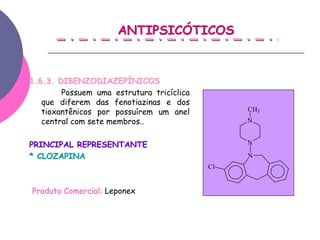 ANTIPSICÓTICOS


1.6.3. DIBENZODIAZEPÍNICOS
        Possuem uma estrutura tricíclica
   que diferem das fenotiazinas e dos
   tioxantênicos por possuírem um anel          CH3
   central com sete membros..                   N


PRINCIPAL REPRESENTANTE                         N

* CLOZAPINA                                     N
                                           Cl


Produto Comercial: Leponex
 