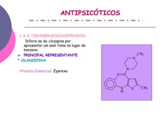 ANTIPSICÓTICOS


 1.6.4.TIENOBENZODIAZEPÍNICOS
    Difere-se da clozapina por
   apresentar um anel tieno no lugar do
   benzeno.
   PRINCIPAL REPRESENTANTE                                CH3
                                                      N
* OLANZEPINA

                                                  N
- Produto Comercial: Zyprexa
                                          N


                                              N       S    CH3
                                              H
 