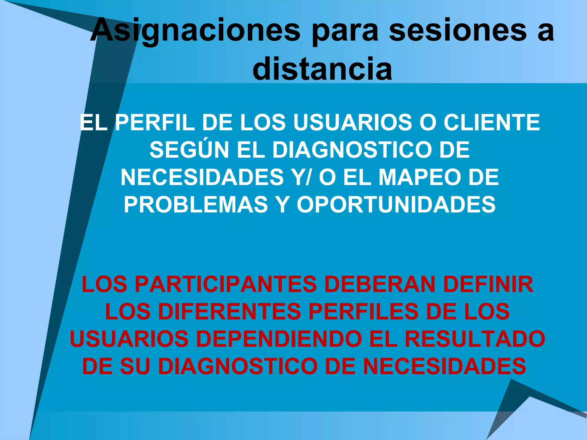 EL PERFIL DE LOS USUARIOS O CLIENTE SEGÚN EL DIAGNOSTICO DE NECESIDADES Y/ O EL MAPEO DE PROBLEMAS Y OPORTUNIDADES Asignaciones para sesiones a distancia LOS PARTICIPANTES DEBERAN DEFINIR LOS DIFERENTES PERFILES DE LOS USUARIOS DEPENDIENDO EL RESULTADO DE SU DIAGNOSTICO DE NECESIDADES  