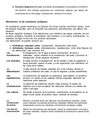 e) Sucesión alogénica tiene lugar si la fuente de propágulos no se localiza en el entorno
del territorio. Son cambios producidos por condiciones externas que alteran las
condiciones de un sitio (fuego, inundaciones, cambios en el clima)
Alteraciones en las sucesiones ecológicas
Un ecosistema puede mantenerse en situación de clímax durante muchísimo tiempo, como
los bosques tropicales, pero es frecuente que aparezcan perturbaciones que alteren esa
situación.
Se llama regresión ecológica a las alteraciones que modifican las etapas naturales de una
sucesión ecológica, haciendo al ecosistema más inmaduro y con menos biodiversidad. La
regresión da lugar al inicio de una sucesión secundaria.
Las alteraciones se pueden producir por:
a) Fenómenos naturales como: inundaciones, vulcanismos entre otras.
b) Actividades humanas como: deforestaciones, repoblaciones, entre otras Algunas de
las alteraciones más comunes son:
Las
inundaciones
El anegamiento por el agua produce movimientos de tierra y
materiales, induce cambios en la composición del suelo y provocan la
desaparición de las especies terrestres.
Los incendios El fuego provoca la desaparición de los árboles y toda su vegetación y
fauna asociada, quema el suelo y a los organismos que intervienen en
los ciclos de la matera
La
deforestación
La tala abusiva de árboles realizada por el ser humano elimina la
cubierta protectora del suelo, el cual se degrada y acaba perdiéndose.
Las
repoblaciones
La introducción de especies no autóctonas para obtener un beneficio,
provoca un cambio en las cadenas tróficas originales, alterando las
relaciones entre especies.
La
contaminación
La aparición de sustancias tóxicas suele provocar la muerte de
especies con lo que se alteran las relaciones tróficas y la calidad del
suelo o del agua
Los cultivos Se impide el avance de la sucesión, manteniendo al ecosistema en su
etapa inicial, donde se produce mayor cantidad de biomasa.
La
construcción
de presas
Reducen el caudal de los ríos alterando los ecosistemas naturales. Inunda
zonas extensas con pérdida de terrenos cultivables Retiene los sedimentos
transportados por los ríos afectando a la formación de playas y deltas
Las vías de
comunicación
Alteran los ecosistemas que atraviesan. Llevan la contaminación y el ruido a
las zonas naturales. Separan zonas impidiendo la reproducción natural de las
especies.
 