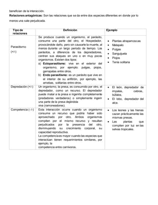 benefician de la interacción.
Relaciones antagónicas: Son las relaciones que se da entre dos especies diferentes en donde por lo
menos una sale perjudicada.
Tipo de
relaciones
Definición Ejemplo
Parasitismo
(+/-)
Se produce cuando un organismo, el parásito,
consume una parte del otro, el Hospedador,
provocándole daño, pero sin causarle la muerte, al
menos durante un largo periodo de tiempo. Los
parásitos, a diferencia de los depredadores,
centran sus ataques en uno o en muy pocos
organismos. Existen dos tipos:
a) Ectoparasitismo: vive en el exterior del
organismo, por ejemplo: pulgas, piojos,
garrapatas entre otros.
b) Endo parasitismo: es un parásito que vive en
el interior de su anfitrión, por ejemplo, las
amebas, solitarias entre otros.
 Plantas atrapamoscas
 Matapalo
 Pulgas
 Sanguijuela
 Piojos
 Tenía solitaria
Depredación (+/-) Un organismo, la presa, es consumido por otro, el
depredador, como un recurso. El depredador
puede matar a la presa e ingerirla completamente
(predadores verdaderos) o simplemente ingerir
una parte de la presa dejándola
viva (ramoneadores).
 El león, depredador de
impalas, cebras,
búfalos.
 El lobo, depredador del
alce.
Competencia (- /-) Esta interacción ocurre cuando un organismo
consume un recurso que podría haber sido
aprovechado por otro. Ambos organismos
compiten por el mismo recurso y resultan
perjudicados por la presencia del otro,
disminuyendo su crecimiento corporal, su
capacidad reproductiva.
La competenciaes mayor cuando las especies que
interactúan tienen requerimientos similares, por
ejemplo, la
competencia entre carnívoros.
 Los leones y las hienas
cazan prácticamente las
mismas presas.
 Las plantas que
compiten por luz en las
selvas tropicales.
 
