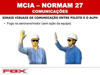 • Fogo na aeronave/motor (sem ação da equipe)
SINAIS VISUAIS DE COMUNICAÇÃO ENTRE PILOTO E O ALPH
MCIA – NORMAM 27
COMUNICAÇÕES
 