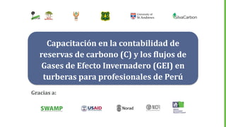 Gracias a:
Capacitación en la contabilidad de
reservas de carbono (C) y los flujos de
Gases de Efecto Invernadero (GEI) en
turberas para profesionales de Perú
 