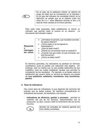 En el caso de la población infantil, se definirá el
rango de edad que se considerará en el indicador.
En el caso del indicador de mortalidad infantil, en la
definición se señala que es la relación entre los
niños de 0 a 1 años fallecidos durante el año y el
total de niños nacidos en el mismo período.

Ej

Para cada meta propuesta, debe establecerse al menos un
indicador que permita medir el avance en su alcance. La
formulación del indicador implica:
•
•
Respuesta
a
interrogantes claves

•
•
•
•

¿Al finalizar el período, qué resultado concreto
se espera obtener?
¿Cómo saber si se ha logrado la
meta/objetivo?,
¿Qué se debe medir?,
¿Dónde es conveniente hacer la medición?,
¿Cuándo hay que medir, en qué momento, con
qué frecuencia?,
¿Cómo se debe medir?

En términos generales, los indicadores se plantean en términos
cuantitativos, pues es posible una valoración más objetiva. Sin
embargo, esto no implica que no sea posible elaborarlos de tipo
cualitativo, para los cuales establecen escalas que permitan la
compilación de los resultados. Por ejemplo, si se desea valora la
satisfacción del usuario sobre un servicio se dispone una escala
de muy satisfecho, satisfecho, inconforme, muy inconforme,
pésimo.

d. Tipos de indicadores
Hay varios tipos de indicadores, lo que depende del momento del
proceso que se desee evaluar. Se clasifican principalmente en
indicadores de proceso, de resultados y de impacto.
-

Indicadores de eficiencia, gestión o procesos: permiten la
medición del uso de los recursos, relacionándolos con la
producción, es decir, buscan medir el rendimiento del uso de los
insumos.
Ej

Número de consultas de medicina general por
hora médico contratada.

34

 