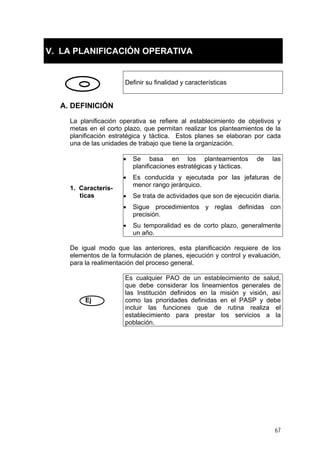 V. LA PLANIFICACIÓN OPERATIVA

Definir su finalidad y características

A. DEFINICIÓN
La planificación operativa se refiere al establecimiento de objetivos y
metas en el corto plazo, que permitan realizar los planteamientos de la
planificación estratégica y táctica. Estos planes se elaboran por cada
una de las unidades de trabajo que tiene la organización.
•
•

Es conducida y ejecutada por las jefaturas de
menor rango jerárquico.

•

Se trata de actividades que son de ejecución diaria.

•

Sigue procedimientos y reglas definidas con
precisión.

•

1. Características

Se basa en los planteamientos
planificaciones estratégicas y tácticas.

Su temporalidad es de corto plazo, generalmente
un año.

de

las

De igual modo que las anteriores, esta planificación requiere de los
elementos de la formulación de planes, ejecución y control y evaluación,
para la realimentación del proceso general.

Ej

Es cualquier PAO de un establecimiento de salud,
que debe considerar los lineamientos generales de
las Institución definidos en la misión y visión, así
como las prioridades definidas en el PASP y debe
incluir las funciones que de rutina realiza el
establecimiento para prestar los servicios a la
población.

67

 