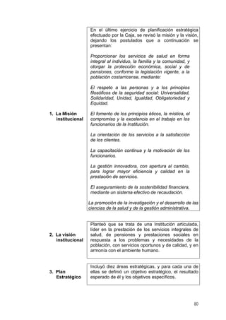 En el último ejercicio de planificación estratégica
efectuado por la Caja, se revisó la misión y la visión,
dejando los postulados que a continuación se
presentan:
Proporcionar los servicios de salud en forma
integral al individuo, la familia y la comunidad, y
otorgar la protección económica, social y de
pensiones, conforme la legislación vigente, a la
población costarricense, mediante:
El respeto a las personas y a los principios
filosóficos de la seguridad social: Universalidad,
Solidaridad, Unidad, Igualdad, Obligatoriedad y
Equidad.
1. La Misión
institucional

El fomento de los principios éticos, la mística, el
compromiso y la excelencia en el trabajo en los
funcionarios de la Institución.
La orientación de los servicios a la satisfacción
de los clientes.
La capacitación continua y la motivación de los
funcionarios.
La gestión innovadora, con apertura al cambio,
para lograr mayor eficiencia y calidad en la
prestación de servicios.
El aseguramiento de la sostenibilidad financiera,
mediante un sistema efectivo de recaudación.
La promoción de la investigación y el desarrollo de las
ciencias de la salud y de la gestión administrativa.

2. La visión
institucional

3. Plan
Estratégico

Planteó que se trata de una Institución articulada,
líder en la prestación de los servicios integrales de
salud, de pensiones y prestaciones sociales en
respuesta a los problemas y necesidades de la
población, con servicios oportunos y de calidad, y en
armonía con el ambiente humano.

Incluyó diez áreas estratégicas, y para cada una de
ellas se definió un objetivo estratégico, el resultado
esperado de él y los objetivos específicos.

80

 