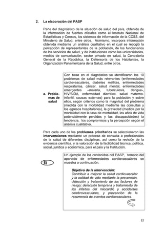 2.

La elaboración del PASP
Parte del diagnóstico de la situación de salud del país, obtenido de
la información de fuentes oficiales como el Instituto Nacional de
Estadísticas y Censos, los sistemas de información de la CCSS, del
Ministerio de Salud, entre otros. Asimismo, incorpora información
obtenida mediante un análisis cualitativo en el cual se recogió la
percepción de representantes de la población, de los funcionarios
de los servicios de salud, y de instituciones como las universidades,
medios de comunicación, sector privado en salud, la Contraloría
General de la República, la Defensoría de los Habitantes, la
Organización Panamericana de la Salud, entre otros.

a. Problemas de
salud

Con base en el diagnóstico se identificaron los 10
problemas de salud más relevantes (enfermedades
cardiovasculares, diabetes mellitas, enfermedades
respiratorias, cáncer, salud mental, enfermedades
emergentes
–malaria,
tuberculosis,
dengue-,
HIV/SIDA, enfermedad diarreica, salud maternoinfantil, causas externas) para la población y sobre
ellos, según criterios como la magnitud del problema
(medida con la morbilidad mediante las consultas y
los egresos hospitalarios), la gravedad (medida por la
mortalidad con la tasa de mortalidad, los años de vida
potencialmente perdidos y las discapacidades) la
tendencia, los compromisos y la percepción según el
análisis cualitativo.

Para cada uno de los problemas prioritarios se seleccionaron las
intervenciones mediante un proceso de consulta a profesionales
de la salud de diferentes disciplinas, así como la revisión de la
evidencia científica, y la valoración de la factibilidad técnica, política,
social, jurídica y económica, para el país y la Institución.

Ej

Un ejemplo de los contenidos del PASP, tomado del
apartado de enfermedades cardiovasculares se
muestra a continuación.
Objetivo de la intervención:
Contribuir a mejorar la salud cardiovascular
y la calidad de vida mediante la prevención,
detección y tratamiento de los factores de
riesgo; detección temprana y tratamiento de
los infartos del miocardio y accidentes
cerebrovasculares, y prevención de la
recurrencia de eventos cardiovasculares.

83

 