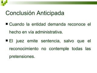 Conclusión Anticipada Cuando la entidad demanda reconoce el hecho en vía administrativa. El juez emite sentencia, salvo que el reconocimiento no contemple todas las pretensiones. 