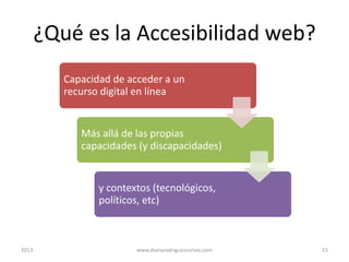 ¿Qué es la Accesibilidad web?
Capacidad de acceder a un
recurso digital en línea

Más allá de las propias
capacidades (y discapacidades)

y contextos (tecnológicos,
políticos, etc)

2013

www.dianarodriguezcursos.com

15

 