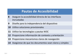 Pautas de Accesibilidad
8

Asegure la accesibilidad directa de las interfaces
incrustadas

9 Diseñe para la independencia del dispositivo
10 Utilice soluciones provisionales
11 Utilice las tecnologías y pautas W3C
12 Proporcione información de contexto y orientación
13 Proporcione mecanismos claros de navegación
14 Asegúrese de que los documentos sean claros y simples

2013

www.dianarodriguezcursos.com

19

 