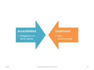 Accesibilidad
• Obligatoria en
varios países

2013

Usabilidad
• Muy
recomendada

www.dianarodriguezcursos.com

22

 