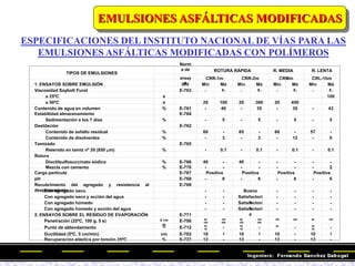EMULSIONES ASFÁLTICAS MODIFICADAS
ESPECIFICACIONES DEL INSTITUTO NACIONAL DE VÍAS PARA LAS
EMULSIONES ASFÁLTICAS MODIFICADAS CON POLÍMEROS
TIPOS DE EMULSIONES
Norm
a de ROTURA RÁPIDA R. MEDIA R. LENTA
ensay
o
CRR-1m CRR-2m CRMm CRL-1hm
1. ENSAYOS SOBRE EMULSIÓN INV Mín
.
Má
x.
Mín
.
Má
x.
Mín
.
Má
x.
Mín
.
Má
x.
Viscosidad Saybolt Furol E-763
a 25ºC s 100
a 50ºC s 20 100 20 300 20 450
Contenido de agua en volumen % E-761 - 40 - 35 - 35 - 43
Estabilidad almacenamiento E-764
Sedimentación a los 7 días % - 5 - 5 - 5 - 5
Destilación E-762
Contenido de asfalto residual % 60 - 65 - 60 - 57 -
Contenido de disolventes % - 3 - 3 - 12 - 0
Tamizado E-765
Retenido en tamiz nº 20 (850 m) % - 0.1 - 0.1 - 0.1 - 0.1
Rotura
Dioctilsulfosuccinato sódico % E-766 40 - 40 - - - - -
Mezcla con cemento % E-770 - - - - - - - 2
Carga partícula E-767 Positiva Positiva Positiva Positiva
pH E-768 - 6 - 6 - 6 - 6
Recubrimiento del agregado y resistencia al
desplazamiento
E-769
Con agregado seco - - Buena - - - -
Con agregado seco y acción del agua - - Satisfactori
a
- - - -
Con agregado húmedo - - Satisfactori
a
- - - -
Con agregado húmedo y acción del agua - - Satisfactori
a
- - - -
2. ENSAYOS SOBRE EL RESIDUO DE EVAPORACIÓN E-771
Penetración (25ºC, 100 g, 5 s) 0.1m
m
E-706 60
100
100
250
60
100
100
250
100 250 60 100
Punto de ablandamiento ºC E-712 55
45 -
-
55
45 -
-
40
- 55
45 -
-
Ductilidad (5ºC, 5 cm/min) cm E-702 10 - 10 - 10 - 10 -
Recuperación elástica por torsión 25ºC % E-727 12 - 12 - 12 - 12 -
 