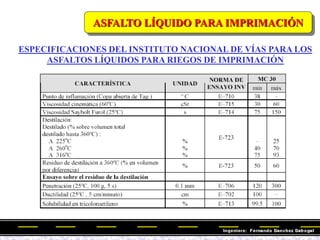 ASFALTO LÍQUIDO PARA IMPRIMACIÓN
ESPECIFICACIONES DEL INSTITUTO NACIONAL DE VÍAS PARA LOS
ASFALTOS LÍQUIDOS PARA RIEGOS DE IMPRIMACIÓN
 