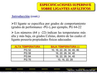 ESPECIFICACIONES SUPERPAVE
SOBRE LIGANTES ASFÁLTICOS
Introducción (cont.)
El ligante se especifica por grados de comportamiento
(grados de performance -PG-), por ejemplo, PG 64-22
 Los números (64 y -22) indican las temperaturas más
alta y más baja, en grados Celsius, dentro de las cuales el
ligante poseería propiedades físicas adecuadas
ALTA TEMPERATURA BAJA TEMPERATURA (-)
PG 52 10, 16, 22, 28, 34, 40, 46
PG 58 16, 22, 28, 34, 40
PG 64 16, 22, 28, 34, 40
PG 70 10, 16, 22, 28
 