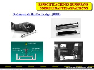 Reómetro de flexión de viga (BBR)
ESPECIFICACIONES SUPERPAVE
SOBRE LIGANTES ASFÁLTICOS
 