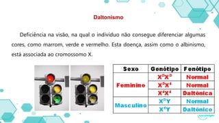 Daltonismo
Deficiência na visão, na qual o indivíduo não consegue diferenciar algumas
cores, como marrom, verde e vermelho. Esta doença, assim como o albinismo,
está associada ao cromossomo X.
 