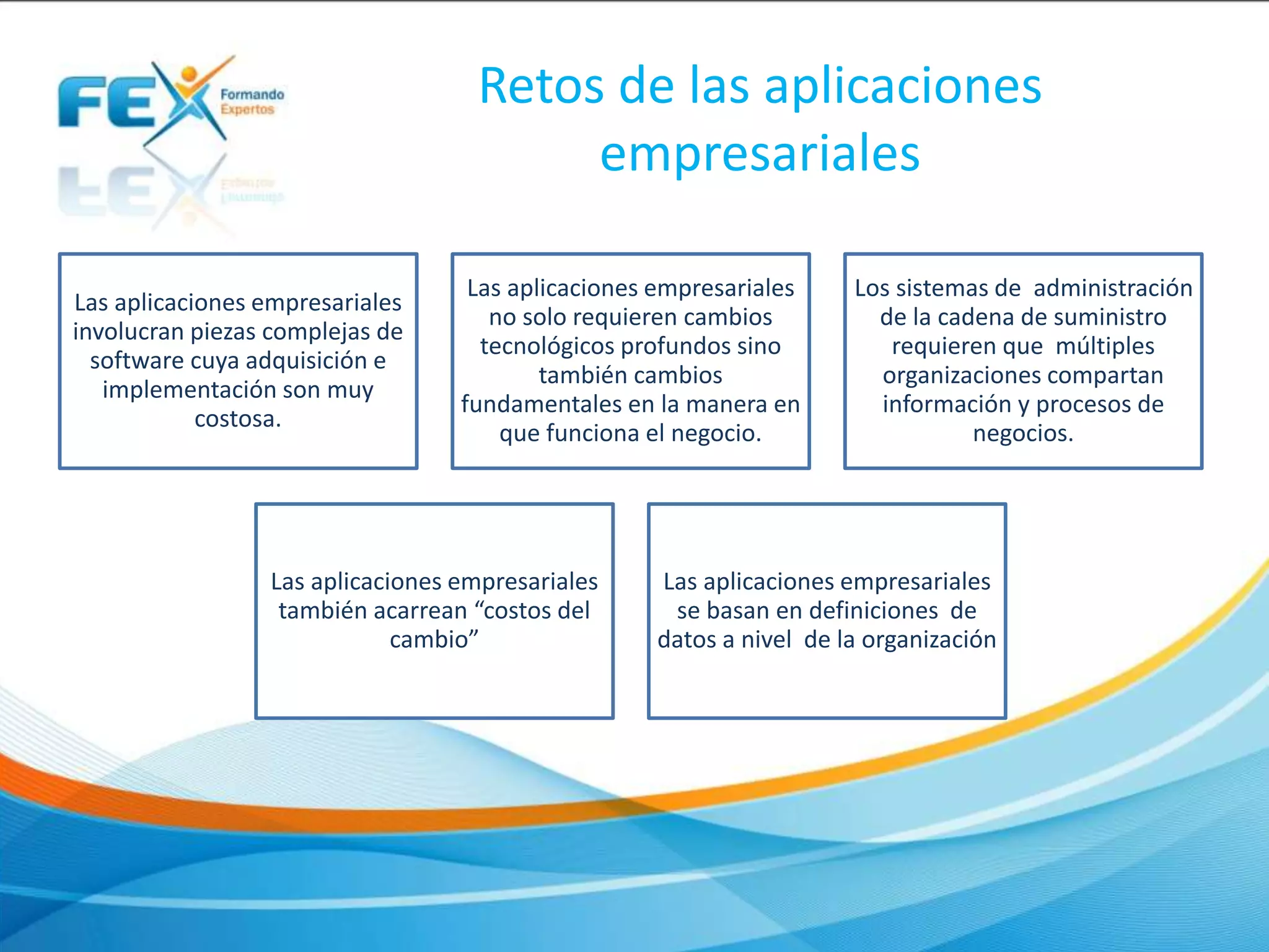 Retos de las aplicaciones
empresariales
Las aplicaciones empresariales
involucran piezas complejas de
software cuya adquisición e
implementación son muy
costosa.
Las aplicaciones empresariales
no solo requieren cambios
tecnológicos profundos sino
también cambios
fundamentales en la manera en
que funciona el negocio.
Los sistemas de administración
de la cadena de suministro
requieren que múltiples
organizaciones compartan
información y procesos de
negocios.
Las aplicaciones empresariales
también acarrean “costos del
cambio”
Las aplicaciones empresariales
se basan en definiciones de
datos a nivel de la organización
 