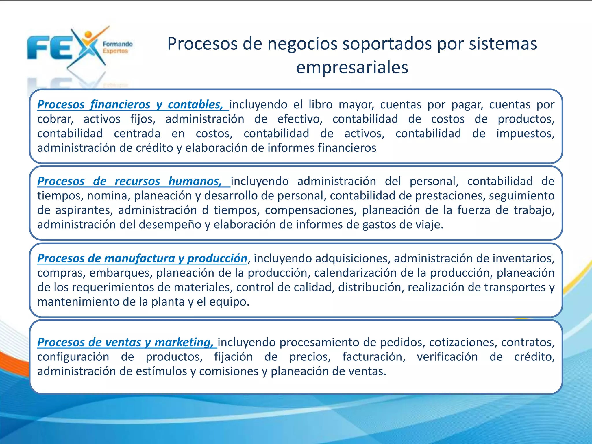 Procesos de negocios soportados por sistemas
empresariales
Procesos financieros y contables, incluyendo el libro mayor, cuentas por pagar, cuentas por
cobrar, activos fijos, administración de efectivo, contabilidad de costos de productos,
contabilidad centrada en costos, contabilidad de activos, contabilidad de impuestos,
administración de crédito y elaboración de informes financieros
Procesos de recursos humanos, incluyendo administración del personal, contabilidad de
tiempos, nomina, planeación y desarrollo de personal, contabilidad de prestaciones, seguimiento
de aspirantes, administración d tiempos, compensaciones, planeación de la fuerza de trabajo,
administración del desempeño y elaboración de informes de gastos de viaje.
Procesos de manufactura y producción, incluyendo adquisiciones, administración de inventarios,
compras, embarques, planeación de la producción, calendarización de la producción, planeación
de los requerimientos de materiales, control de calidad, distribución, realización de transportes y
mantenimiento de la planta y el equipo.
Procesos de ventas y marketing, incluyendo procesamiento de pedidos, cotizaciones, contratos,
configuración de productos, fijación de precios, facturación, verificación de crédito,
administración de estímulos y comisiones y planeación de ventas.
 