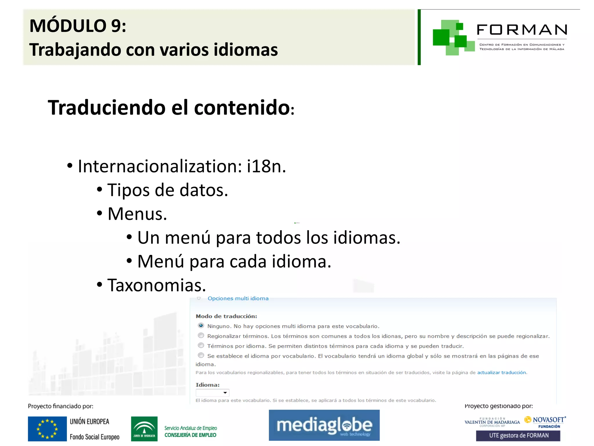 MÓDULO 9:
Trabajando con varios idiomas

  Traduciendo el contenido:

    • Internacionalization: i18n.
         • Tipos de datos.
         • Menus.
             • Un menú para todos los idiomas.
             • Menú para cada idioma.
         • Taxonomias.
 