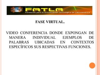 FASE VIRTUAL.VIDEO CONFERENCIA DONDE EXPONGAN DE MANERA INDIVIDUAL EJEMPLOS DE PALABRAS UBICADAS EN CONTEXTOS ESPECÍFICOS SUS RESPECTIVAS FUNCIONES.