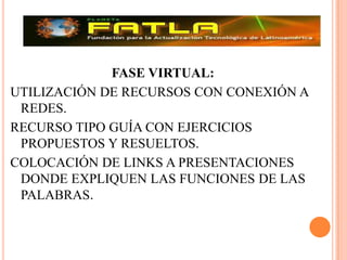 FASE VIRTUAL:UTILIZACIÓN DE RECURSOS CON CONEXIÓN A REDES.RECURSO TIPO GUÍA CON EJERCICIOS PROPUESTOS Y RESUELTOS.COLOCACIÓN DE LINKS A PRESENTACIONES DONDE EXPLIQUEN LAS FUNCIONES DE LAS PALABRAS.
