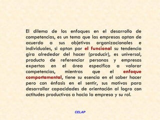 El dilema de los enfoques en el desarrollo de
competencias, es un tema que las empresas optan de
acuerdo a sus objetivos organizacionales e
individuales, si optan por el funcional su tendencia
gira alrededor del hacer (producir), es universal,
producto de referenciar personas y empresas
expertas en el área especifica a valorar
competencias,      mientras     que    el    enfoque
comportamental, tiene su esencia en el saber hacer
pero con énfasis en el sentir, sus motivos para
desarrollar capacidades de orientación al logro con
actitudes productivas a hacia la empresa y su rol.


                     CELAP
 