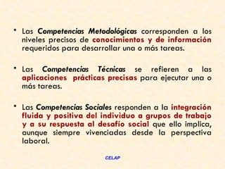 • Las Competencias Metodológicas corresponden a los
  niveles precisos de conocimientos y de información
  requeridos para desarrollar una o más tareas.

• Las Competencias Técnicas se refieren a las
  aplicaciones prácticas precisas para ejecutar una o
  más tareas.

• Las Competencias Sociales responden a la integración
  fluida y positiva del individuo a grupos de trabajo
  y a su respuesta al desafío social que ello implica,
  aunque siempre vivenciadas desde la perspectiva
  laboral.
                        CELAP
 