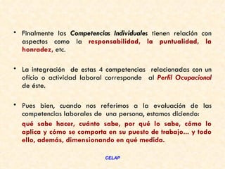 • Finalmente las Competencias Individuales tienen relación con
  aspectos como la responsabilidad, la puntualidad, la
  honradez, etc.

• La integración de estas 4 competencias relacionadas con un
  oficio o actividad laboral corresponde al Perfil Ocupacional
  de éste.  

• Pues bien, cuando nos referimos a la evaluación de las
  competencias laborales de una persona, estamos diciendo:
  qué sabe hacer, cuánto sabe, por qué lo sabe, cómo lo
  aplica y cómo se comporta en su puesto de trabajo... y todo
  ello, además, dimensionando en qué medida.

                            CELAP
 