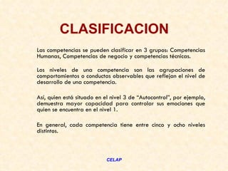 CLASIFICACION
Las competencias se pueden clasificar en 3 grupos: Competencias
Humanas, Competencias de negocio y competencias técnicas.

Los niveles de una competencia son las agrupaciones de
comportamientos o conductas observables que reflejan el nivel de
desarrollo de una competencia.

Así, quien está situado en el nivel 3 de “Autocontrol”, por ejemplo,
demuestra mayor capacidad para controlar sus emociones que
quien se encuentra en el nivel 1.

En general, cada competencia tiene entre cinco y ocho niveles
distintos.



                            CELAP
 