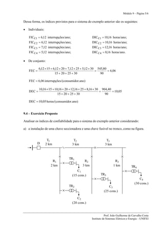 Módulo 9 – Página 5/6


Dessa forma, os índices previstos para o sistema do exemplo anterior são os seguintes:

•   Individuais:

    FICC1 = 6,12 interrupções/ano;                  DIC C1 = 10,16 horas/ano;
    FICC2 = 6,12 interrupções/ano;                  DIC C 2 = 10,16 horas/ano;
    FICC3 = 7,12 interrupções/ano;                  DIC C3 = 12,16 horas/ano;
    FICC 4 = 5,12 interrupções/ano;                 DIC C 4 = 8,16 horas/ano.

•   De conjunto:

            6,12 × 15 + 6,12 × 20 + 7,12 × 25 + 5,12 × 30 545,80
    FEC =                                                =       = 6,06
                         15 + 20 + 25 + 30                  90

    FEC = 6,06 interrupções/(consumidor.ano)

            10,16 × 15 + 10,16 × 20 + 12,16 × 25 + 8,16 × 30 904,40
    DEC =                                                   =       = 10,05
                           15 + 20 + 25 + 30                   90

    DEC = 10,05 horas/(consumidor.ano)


9.4 – Exercício Proposto

Analisar os índices de confiabilidade para o sistema do exemplo anterior considerando:

a) a instalação de uma chave seccionadora e uma chave fusível no tronco, como na figura.


                    T12                T22                      T32
          D        2 km               3 km                     3 km



                                   TR1
                       R1                     R2                       R3
                      2 km                   3 km                     1 km            TR4
                                          C1
                                      (15 cons.)           TR3
                                                                                             C4
                                                                                         (30 cons.)
                                   TR2                            C3
                                                              (25 cons.)

                                          C2
                                      (20 cons.)


                                                               Prof. João Guilherme de Carvalho Costa
                                                    Instituto de Sistemas Elétricos e Energia – UNIFEI
 