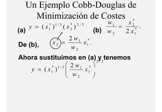 Un Ejemplo Cobb-Douglas de
    Minimización d C t
    Mi i i ió de Costes *
                                        w1     x2
      y = (x )
            *    1/3     *
                       (x )   2/3
                                            =       .
(a)
( )         1            2
                                    (b) w 2   2 x1*

                    2 w1 *
De ( )
   (b),         x =
                 *
                 2      x1 .
                     w2
Ahora sustituimos en (a) 2y3 tenemos
Ah        tit i          ( ) / t
          * 1 / 3  2 w1 * 
   y = ( x1 )     w x1
                      2   
 