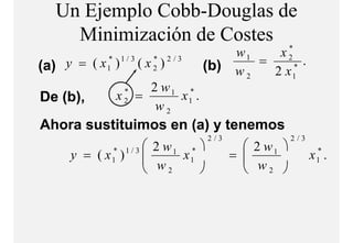 Un Ejemplo Cobb-Douglas de
    Minimización d C t
    Mi i i ió de Costes
                                                  *
                                          w1    x2
( ) y = (x )
(a)
          *    1/3     *
                     (x )   2/3
                                  (b)        =      *
                                                      .
          1            2
                                          w2   2 x1
                  2 w1 *
De ( )
   (b),       x =
               *
               2      x1 .
                   w2
Ahora sustituimos en (a) y tenemos
Ah       tit i       ( ) t
                                   2/3                2/3
                       2 w1 *             2 w1 
    y = (x )
          *
          1
                1/3
                      
                       w x1             = 
                                            w
                                                             *
                                                            x .
                                                             1
                          2                  2 
 