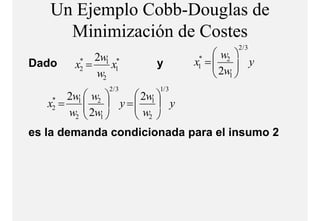 Un Ejemplo Cobb-Douglas de
     Minimización d C t
     Mi i i ió de Costes
                                     2/ 3
            2w1 *                w2 
Dado    x =
        *
        2      x1     y      x =
                             *
                             1   2w  y
            w2                   1
              2/ 3    1/ 3
        2w1  w2      2w1 
    x =
    *
                 y =      y
        w2  2w1     w
    2
                      2
es la demanda condicionada para el insumo 2
                                p
 