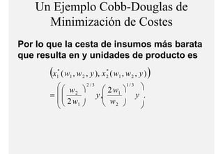 Un Ejemplo Cobb-Douglas de
     Minimización d C t
     Mi i i ió de Costes
Por lo que la cesta de insumos más barata
que resulta en y unidades de producto es
       (x*
         1
                                 *
             ( w1 , w 2 , y ), x 2 ( w1 , w 2 , y )   )
           w  2 / 3  2 w 1 / 3 
       =  2
            2w       y ,
                          w
                             1
                                   y .
             1         2 
                                   
 