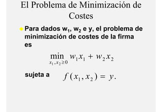El Problema de Minimización de
            Costes
            C t
Para dados w1, w2 e y el problema de
                    y,
minimización de costes de la firma
es
            min w1 x1 + w 2 x 2
        x1 , x 2 ≥ 0

 sujeta a        f ( x1 , x 2 ) = y .
 
